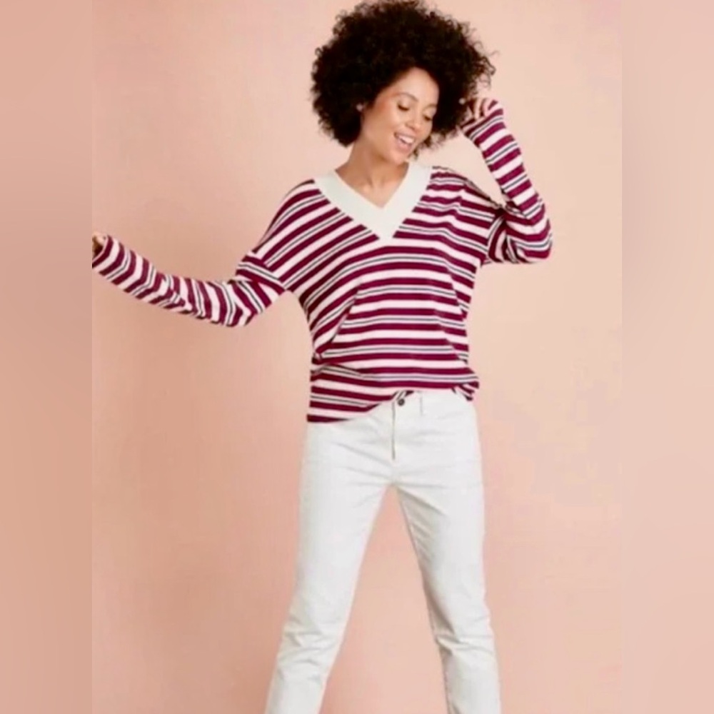 * New Brooks Brothers V-Neck Stripe Sweater Red Blue White SZ Small *